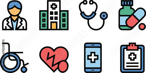 Vector illustration set of medical icons and health care symbols for business design