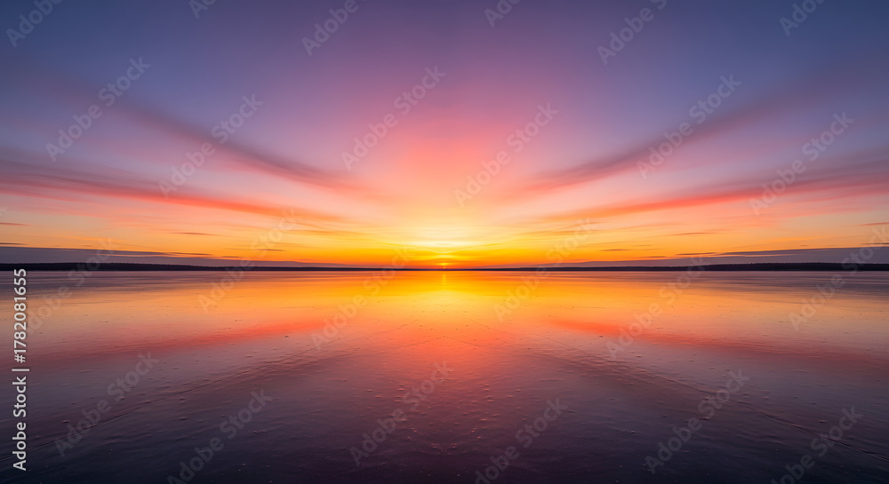 Obraz premium A spectacular burst of light and color as a vibrant sunrise reflects symmetrically on the serene surface of the water