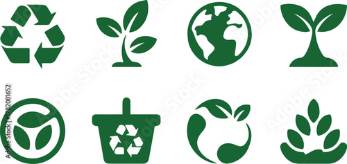 Vector set of eco icons including leaf, tree, recycle symbols for nature and environmental design