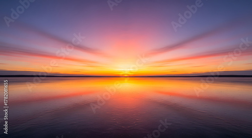 A spectacular burst of light and color as a vibrant sunrise reflects symmetrically on the serene surface of the water