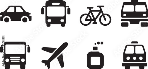Vector illustration set of transportation icons and symbols, including car, bus, train, truck, and bicycle for travel and design