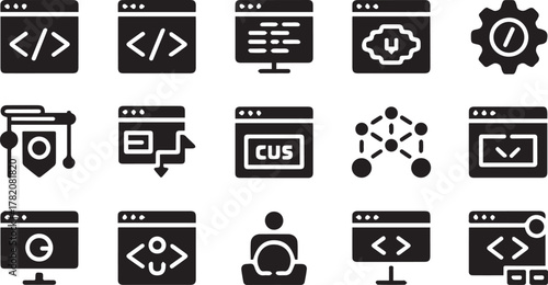 Black silhouette vector icon set for web and mobile application design including business, communication, media, money, and transportation symbols