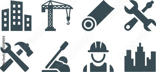 Black silhouette vector icons illustrating a set of construction tools and equipment like a hammer, crane, and work instruments,