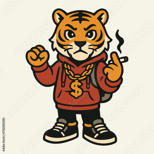 A cool tiger cartoon character, sporting a gold chain and hoodie, puffing a cigarette with an attitude.
