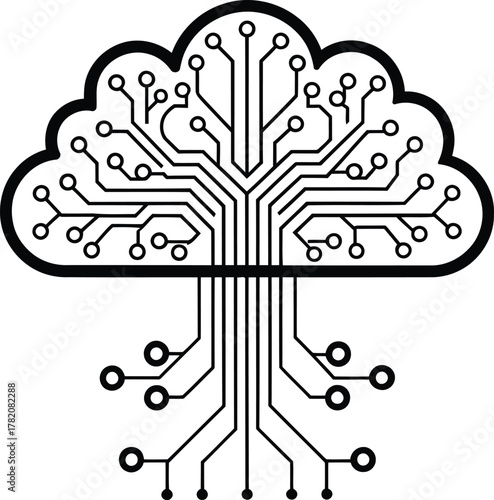 Black and white cloud shaped tree with circuit board pattern for technology concepts and data storage