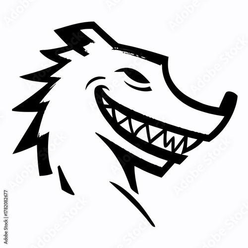 Bold, stylized black and white illustration of a grinning wild canine head with sharp teeth, suitable for mascots or logos.