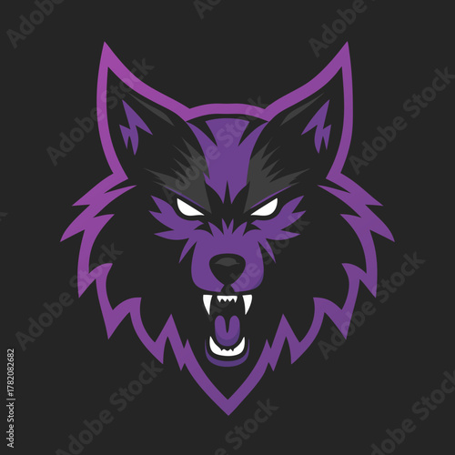 Aggressive Purple Wolf Head Mascot Logo Design. Fierce Predator Animal Esport Team Graphic in Black and Violet Vector Art.