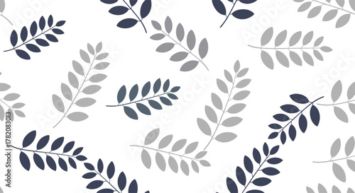 A minimalist pattern of dark and light grey leafy branches scattered across a white background.