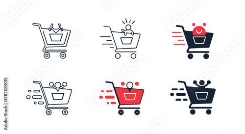 Illustrations of shopping carts symbolizing online retail and fast delivery services.