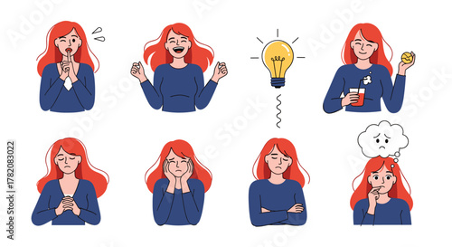 A collection of illustrated female emotions and expressions showing different moods and reactions to situations.