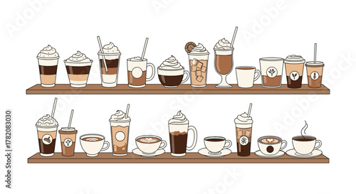 A delightful assortment of iced coffee drinks with whipped cream and toppings artfully arranged on shelves.