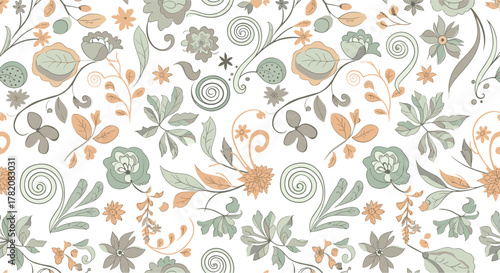 A delicate watercolor floral pattern with subtle muted tones and whimsical botanical elements creating a vintage charm.