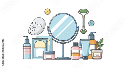 A beautiful collection of skincare products and tools for a healthy glow.