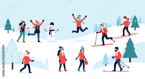 A group of people enjoying winter activities like skiing and building a snowman in a snowy landscape with evergreen trees.