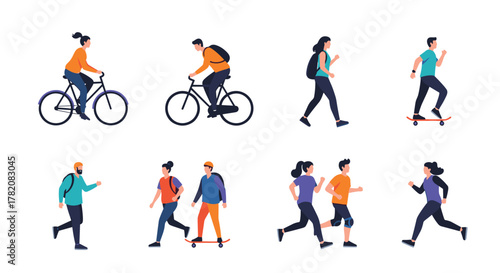 Diverse group of people enjoying various outdoor recreational activities on a sunny day.