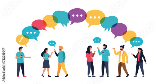 People communicating with each other using speech bubbles and mobile phones.