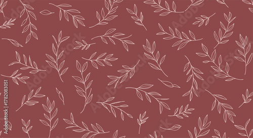 A rustic terracotta background with a repeating pattern of delicate white botanical sprigs creating an organic textured effect.