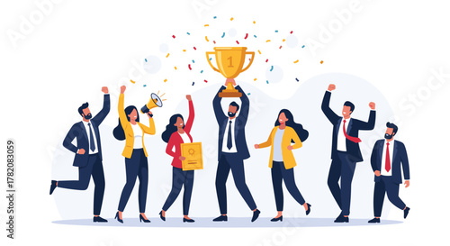 A diverse group of professionals celebrates a significant achievement holding a golden trophy aloft surrounded by confetti.