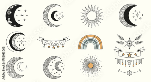 Celestial sun and moon motifs with cosmic starry accents and a boho rainbow design element.