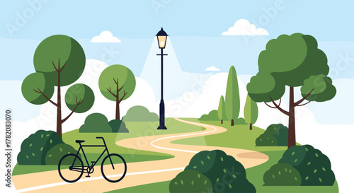 A serene park pathway winds through lush green trees and bushes under a clear blue sky with a solitary bicycle waiting.