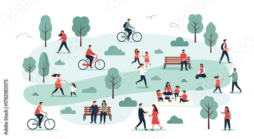 People enjoying a sunny day in a vibrant green park with trees and open spaces.