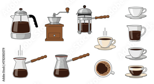 A collection of vintage coffee brewing equipment and serving ware.