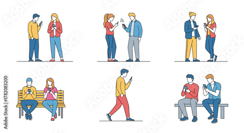 Young people in pixel art style looking at their mobile phones in various social settings