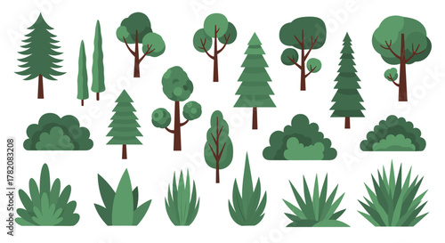 A collection of various stylized green trees and bushes in a flat design aesthetic.