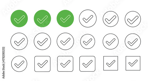 Set of green and outline checkmark icons with different styles and variations.