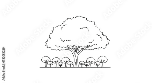 A large tree stands proudly amidst a row of smaller trees.