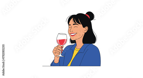 A woman in a blue jacket smiles while holding a glass of red wine.