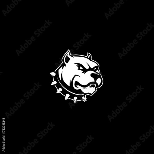 Powerful Canine Head with Spiked Collar Vector Illustration. Aggressive Dog Mascot Design on Black Background. Strength, Protection Concept.