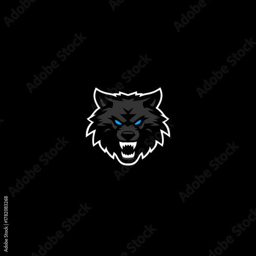Stylized gray wolf head with bright blue eyes, snarling fangs, and a fierce expression, graphic animal symbol.