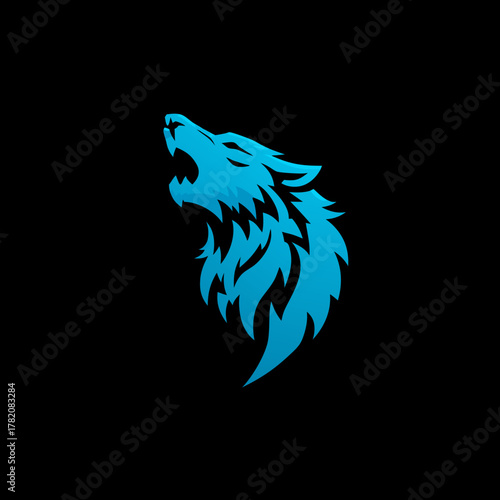 Vibrant blue stylized wolf head howling, a powerful wild animal graphic concept on a stark black background. Fierce predator icon.