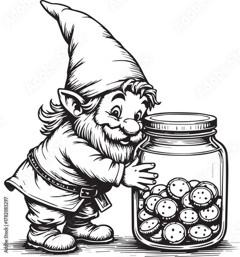 An illustration of a charming gnome affectionately holding a jar of cookies, creating a delightful scene of fantasy and sweetness.