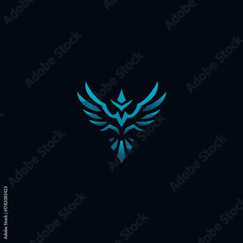 Abstract blue gradient phoenix or eagle bird emblem logo design. Stylized geometric mystical mythological symbol on a dark background.