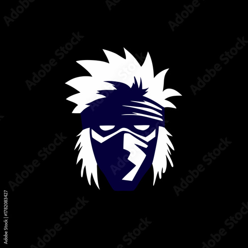 Stylized masked warrior head logo vector graphic. Modern ninja character face with spiky hair, headband, and mask on black background.
