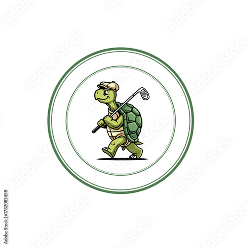 Graphic vector illustration of a cute turtle walking confidently while holding a golf club on his shoulder, for a sporty and humorous t-shirt design