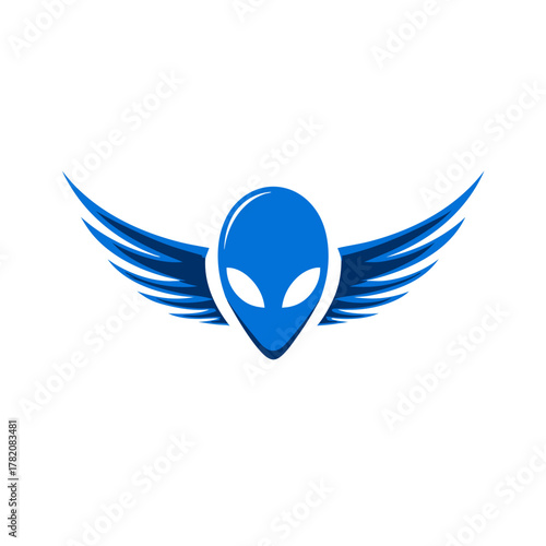Futuristic blue alien head with stylized wings, abstract extraterrestrial creature design in a vibrant graphic illustration.