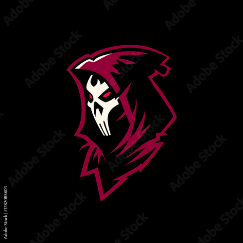 Stylized Grim Reaper Skull Character Mascot with Dark Hood and Red Eyes, Gaming Esport Logo Concept on Black Background