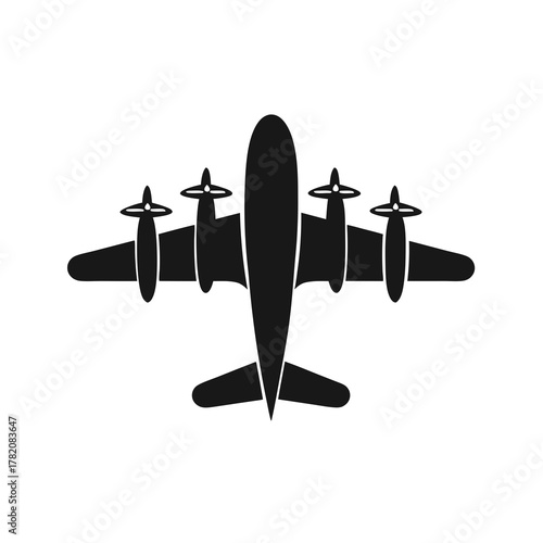 Black propeller airplane icon, top view silhouette. Flat aircraft symbol for flight, transport, and travel design.