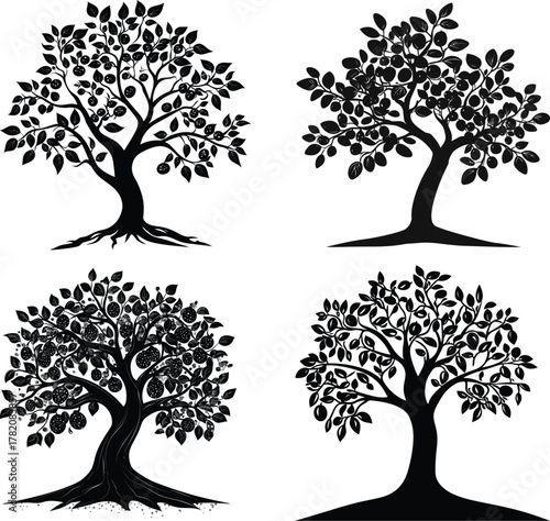  Glowing mythological fruit tree black set silhouette vector