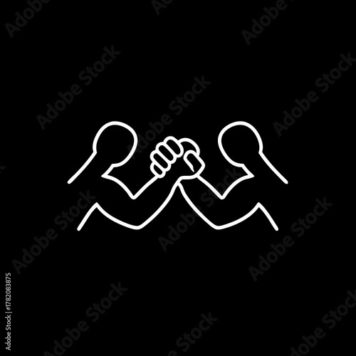 Arm wrestling line icon on black background, symbolizing strength, competition, challenge, rivalry, struggle, and partnership.
