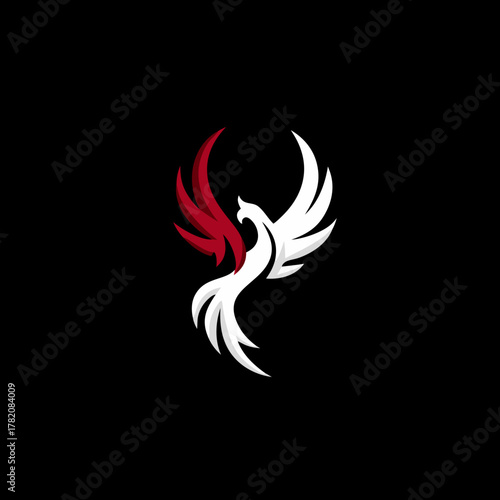 Dynamic Phoenix Bird Illustration with Bold Red and White Wings on Black Background, Mythical Creature Symbol of Rebirth and Power