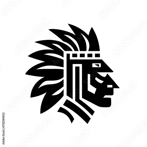 Stylized tribal warrior head profile with traditional feathered headdress vector illustration, iconic graphic symbol