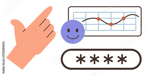 Hand snapping, smiling face, chart with trendline, and password field evoke interaction, analytics, security. Ideal for productivity, user experience, engagement security simplification
