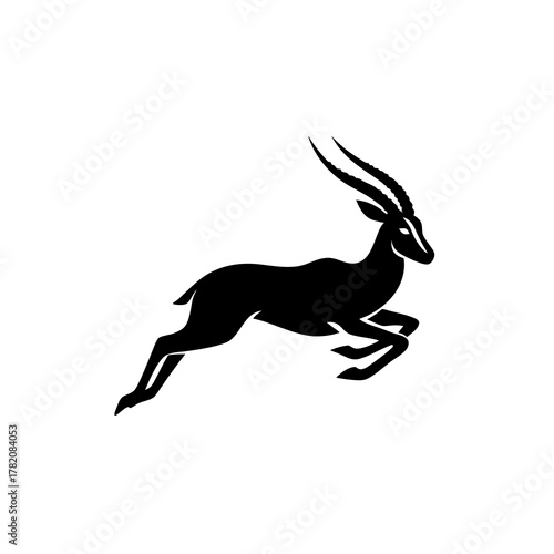 Dynamic black silhouette of a leaping gazelle or antelope. Stylized vector illustration of a running wild animal isolated on white.