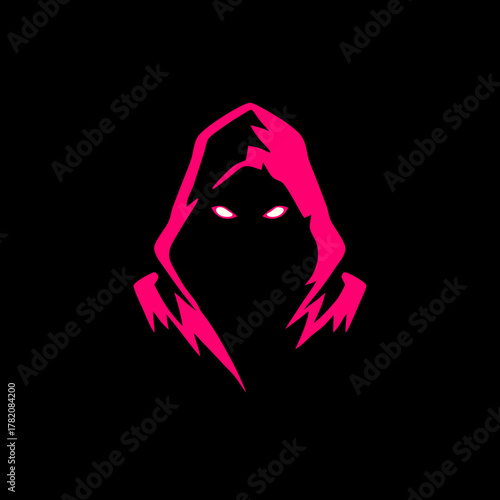 Vibrant Pink Hooded Figure with Glowing Eyes Isolated on Black. Mysterious Anonymous Shadow Character Illustration Icon Logo Concept.