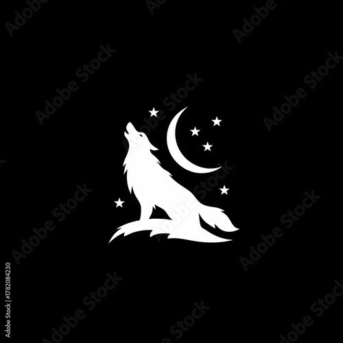 Stylized white wolf howling at a crescent moon and stars at night, a wild animal silhouette graphic design.