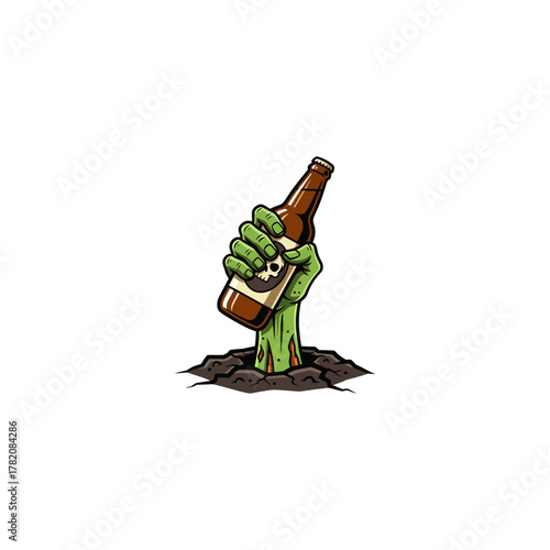 Zombie hand rising from the ground holding a beer bottle icon flat vector design.